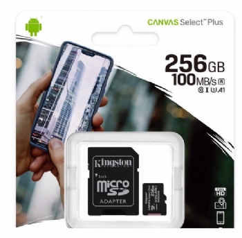 Cartão de Memória 256GB Kingston  Canvas Select Plus 100 MB/s * Micro SD + Adaptador - (Cod. 39071) - ** Cuidado, cartôes que não vem na embalagem Lacrada, não são Originais ** - 