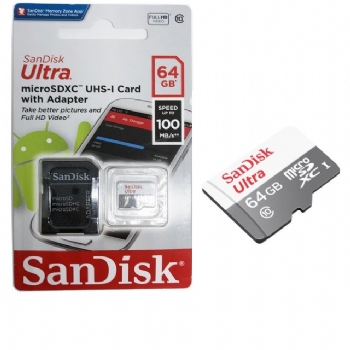 Cartão de Memória 64 Gb Classe 10 SANDISK 100MB/s *  Micro SD + Adaptador SD - (Cod. 39070) - ** Cuidado, cartôes que não vem na embalagem Lacrada, não são Originais ** - 