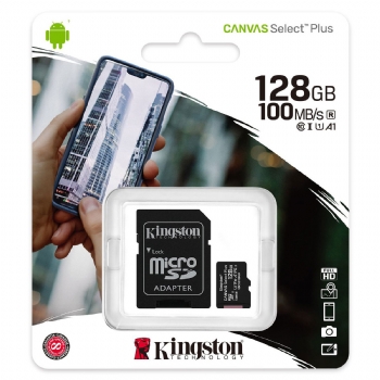 Cartão de Memória 128 GB Classe 10 Kingston Canvas Select Plus SDCS2 100 MB/s * Micro SD + Adaptador SD - (Cod. 40091) - ** Cuidado, cartôes que não vem na embalagem Lacrada, não são Originais ** - 