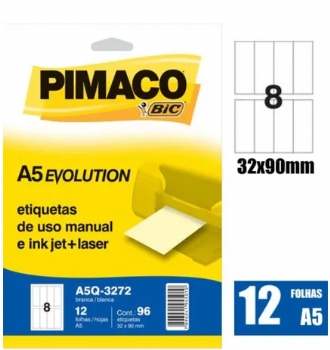 Etiqueta Adesiva PIMACO A5 *32 mm x  90 mm* (12 FOLHAS - 8 Etiquetas Por Folha - 2 Carreiras Por Folha)    (Cod. 22379-3)