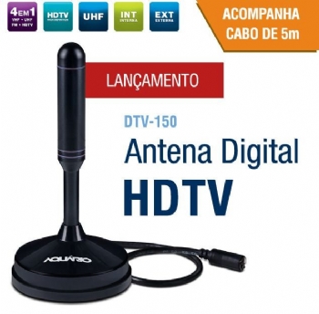 Antena para TV Digital HDTV * 4 em 1 * DTV-150 * Capaz de Captar Sinais em VHF, UHF, FM e HDTV digital, com Cabo de 5 metros - (Cod. 37766)